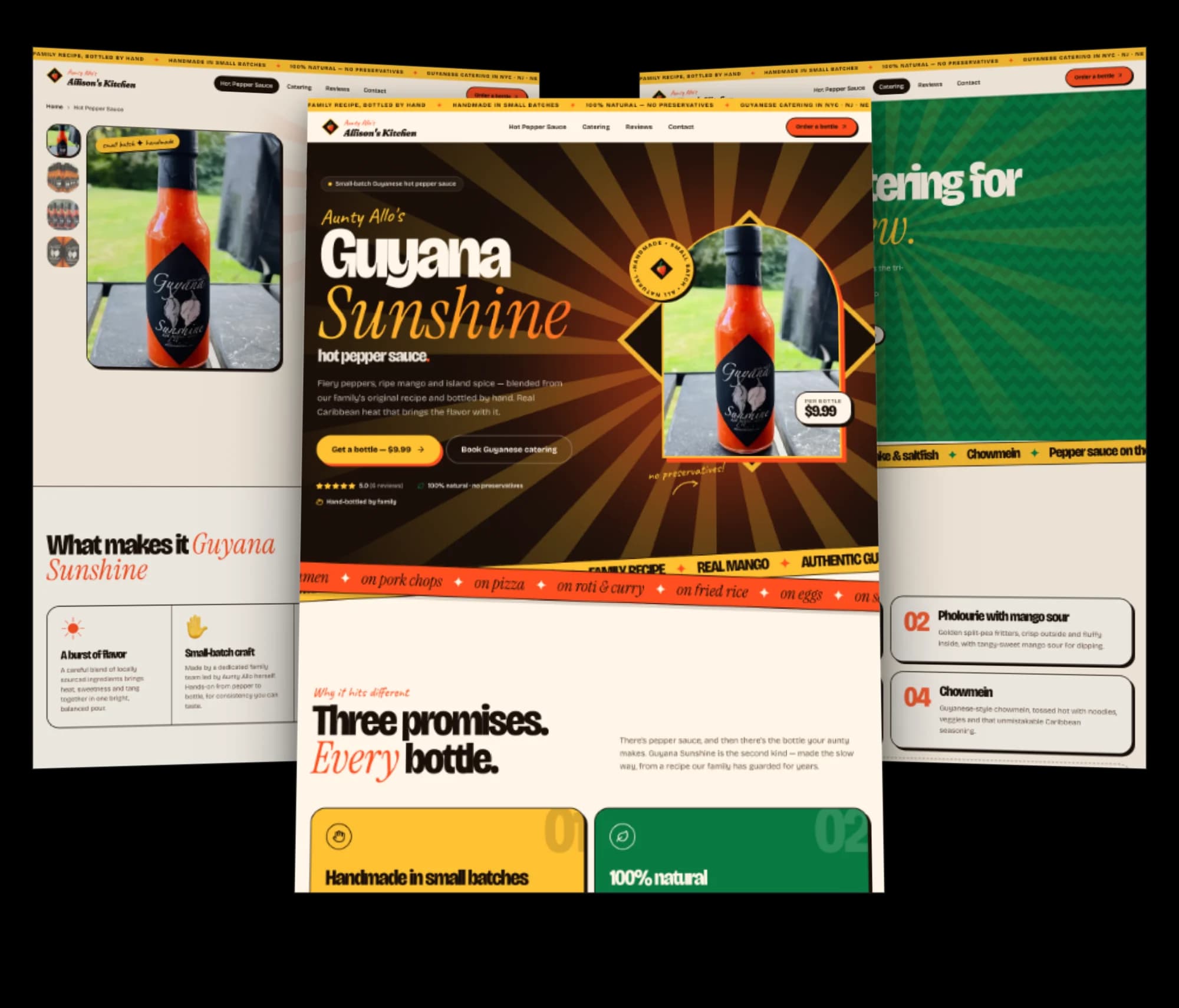 Allison's Kitchen homepage, hot pepper sauce page, and catering page