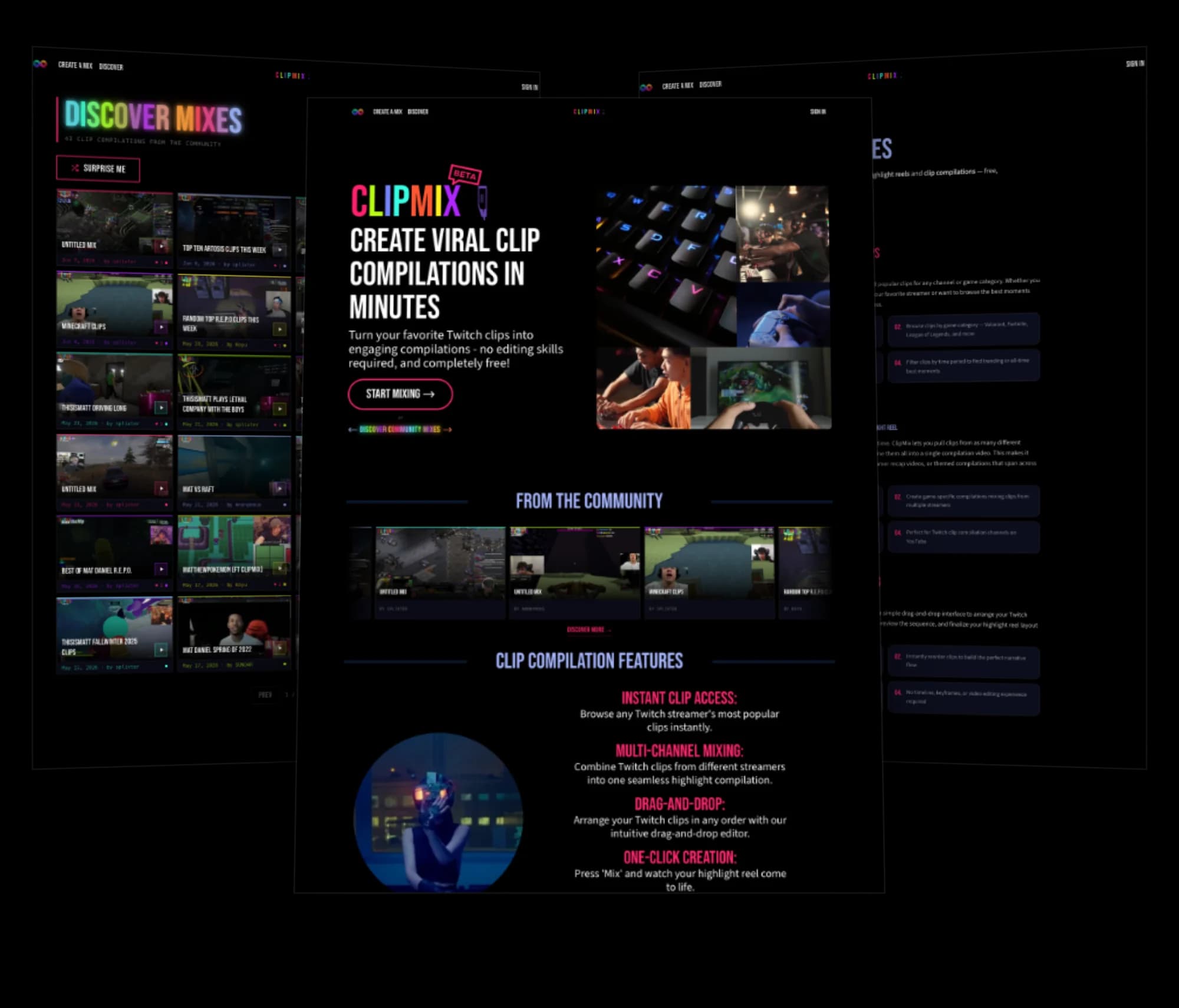 ClipMix homepage, community mixes, and features pages