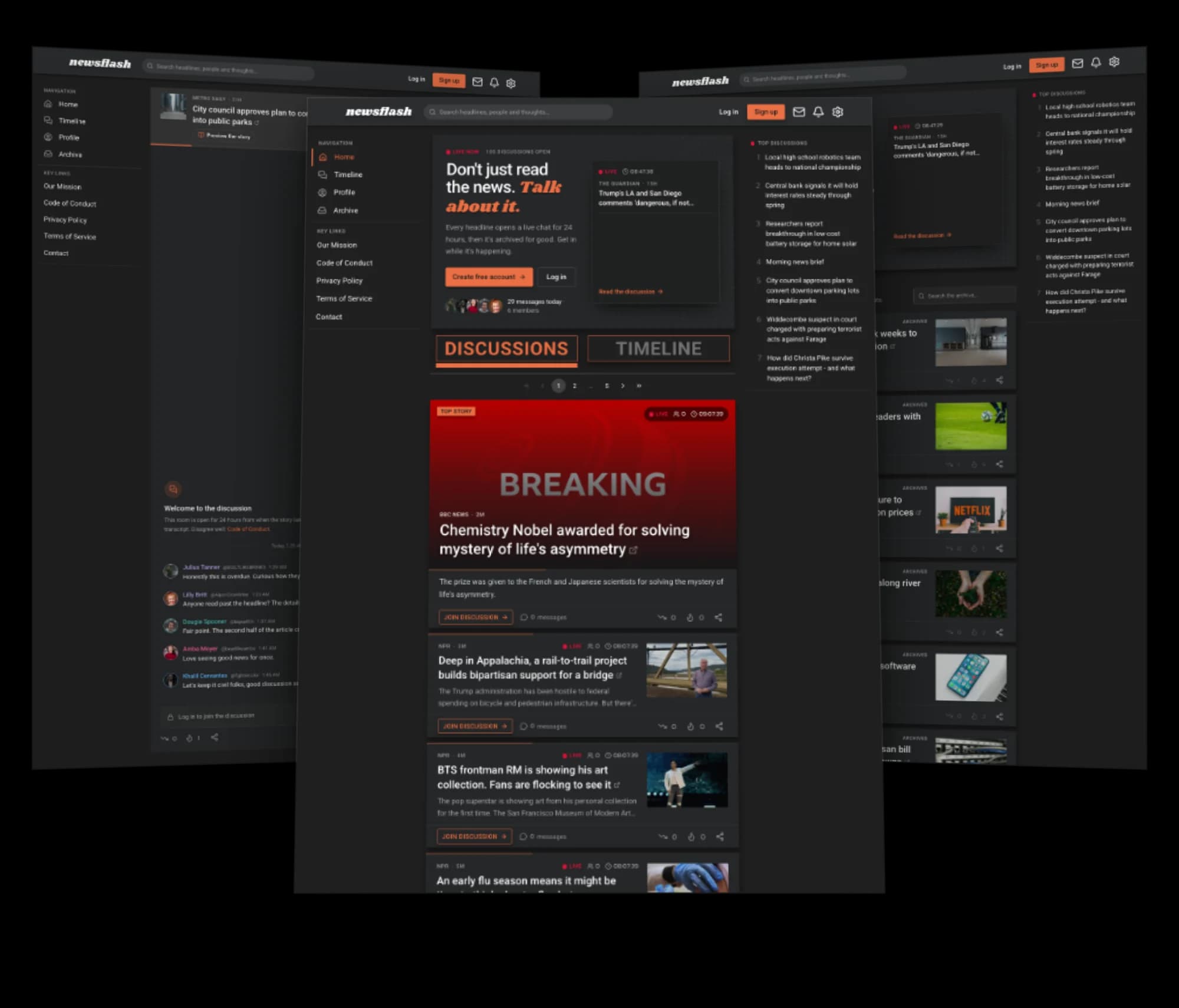 NewsFlash homepage, live discussion, and archive pages