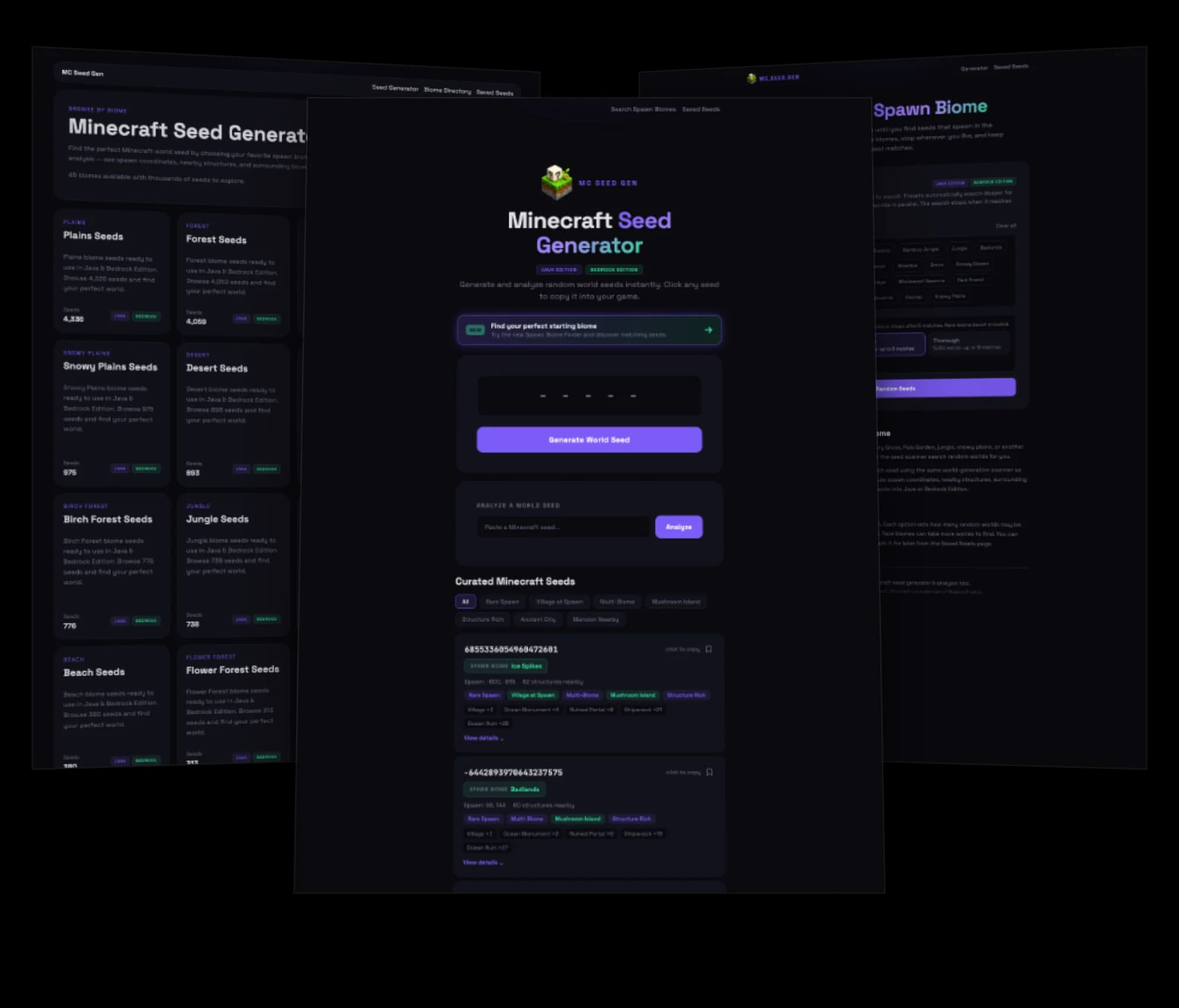 Random Seed Generator homepage, biome directory, and spawn biome search pages