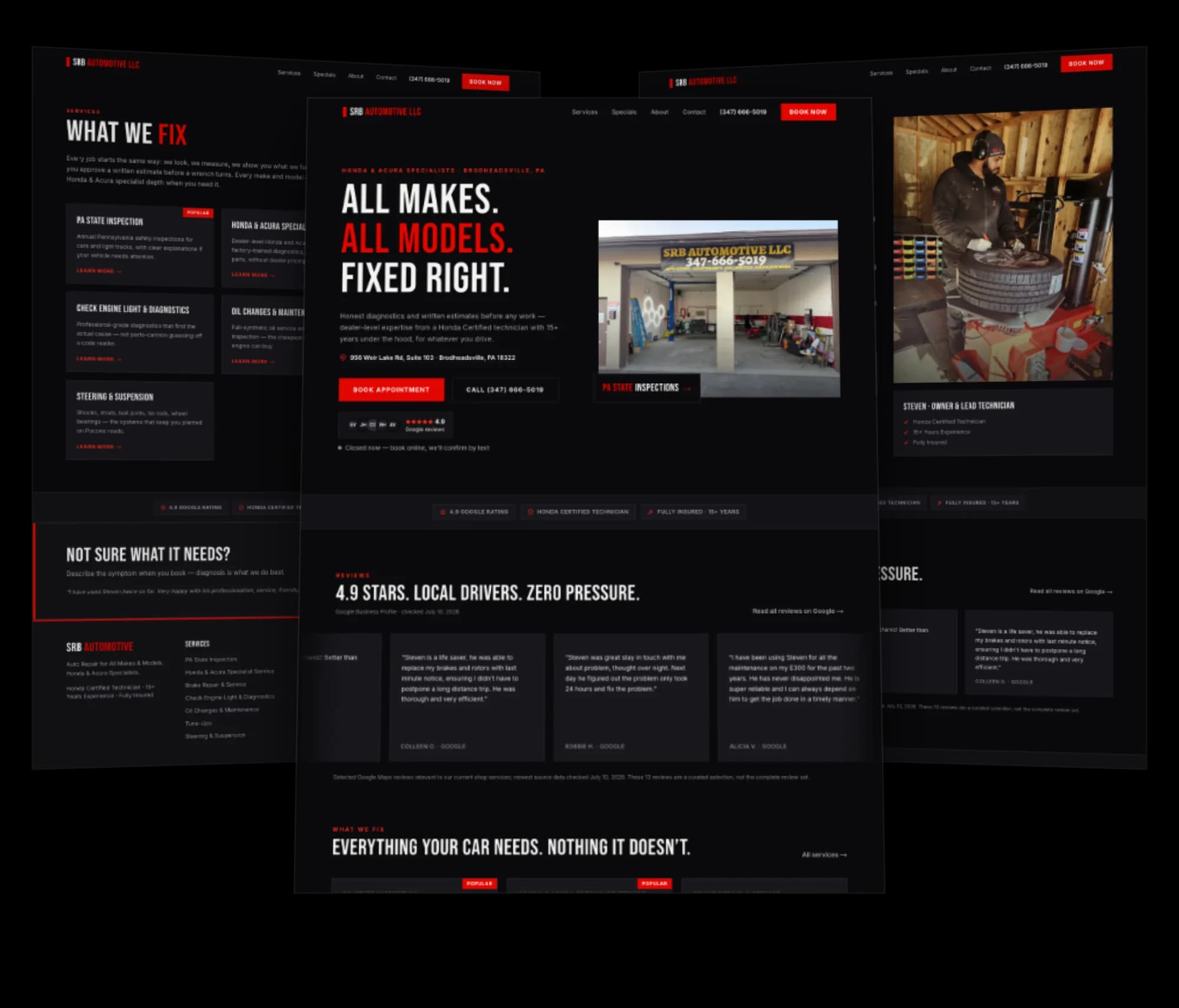 SRB Automotive homepage, services page, and about page